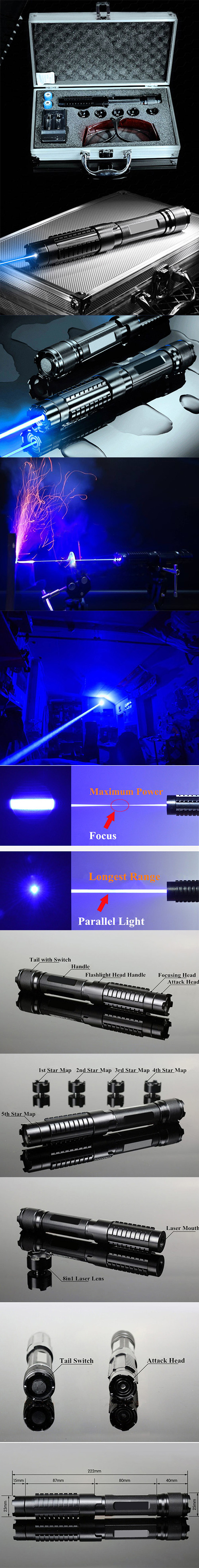 Kit penna puntatore laser 5 in 1 a luce blu 30000mW 450nm nero